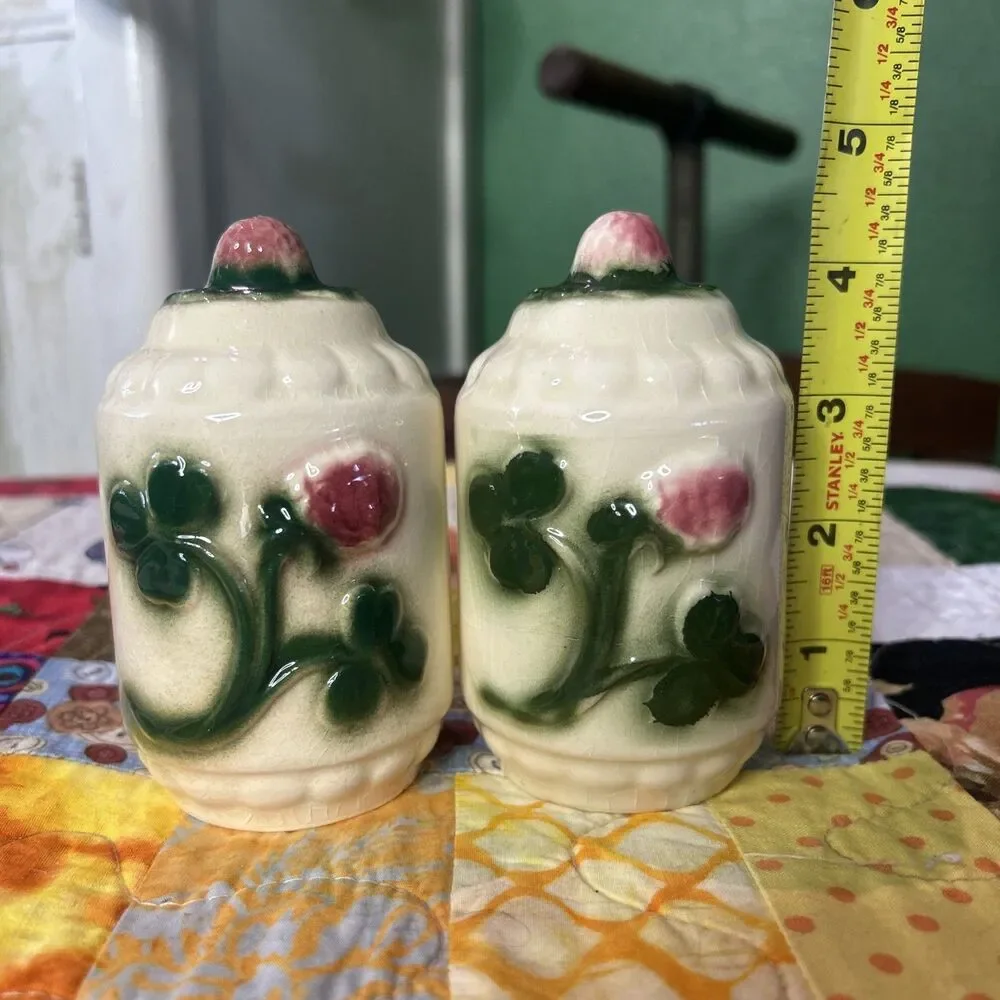 Vtg Brush McCoy Three Leaf Clover Art Deco Salt & Pepper Shaker Set 1940s